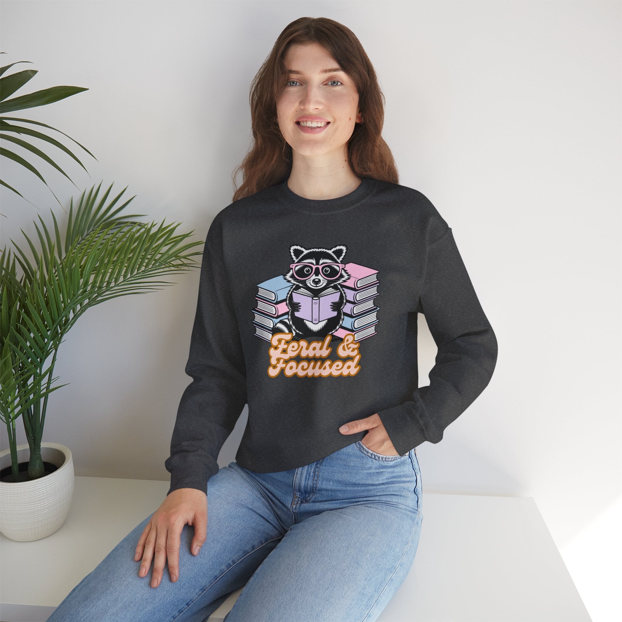 Raccoon Reading "Feral & Focused" Crewneck Sweatshirt