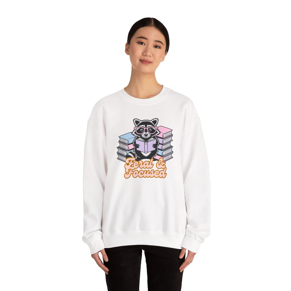 Raccoon Reading "Feral & Focused" Crewneck Sweatshirt