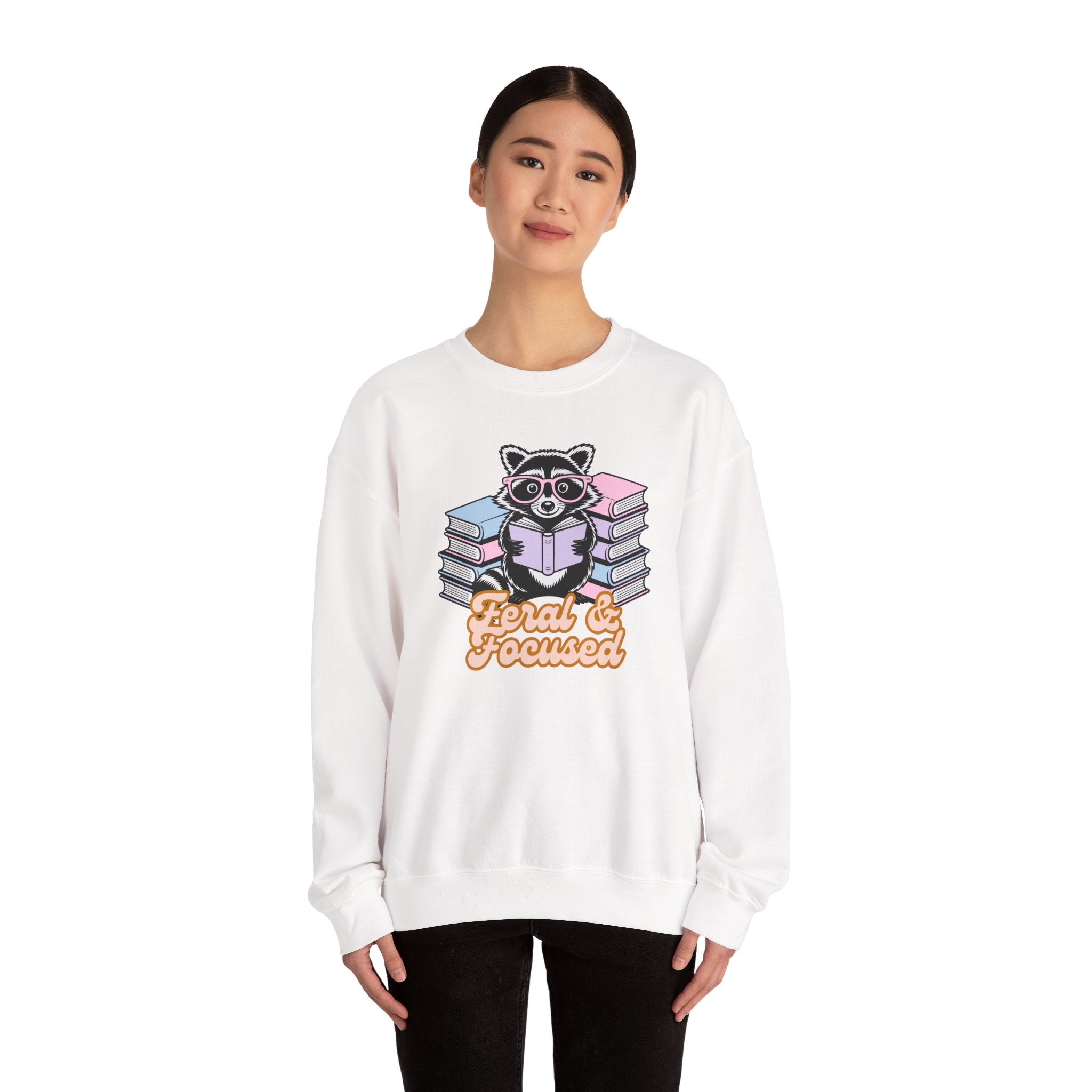 Raccoon Reading "Feral & Focused" Crewneck Sweatshirt