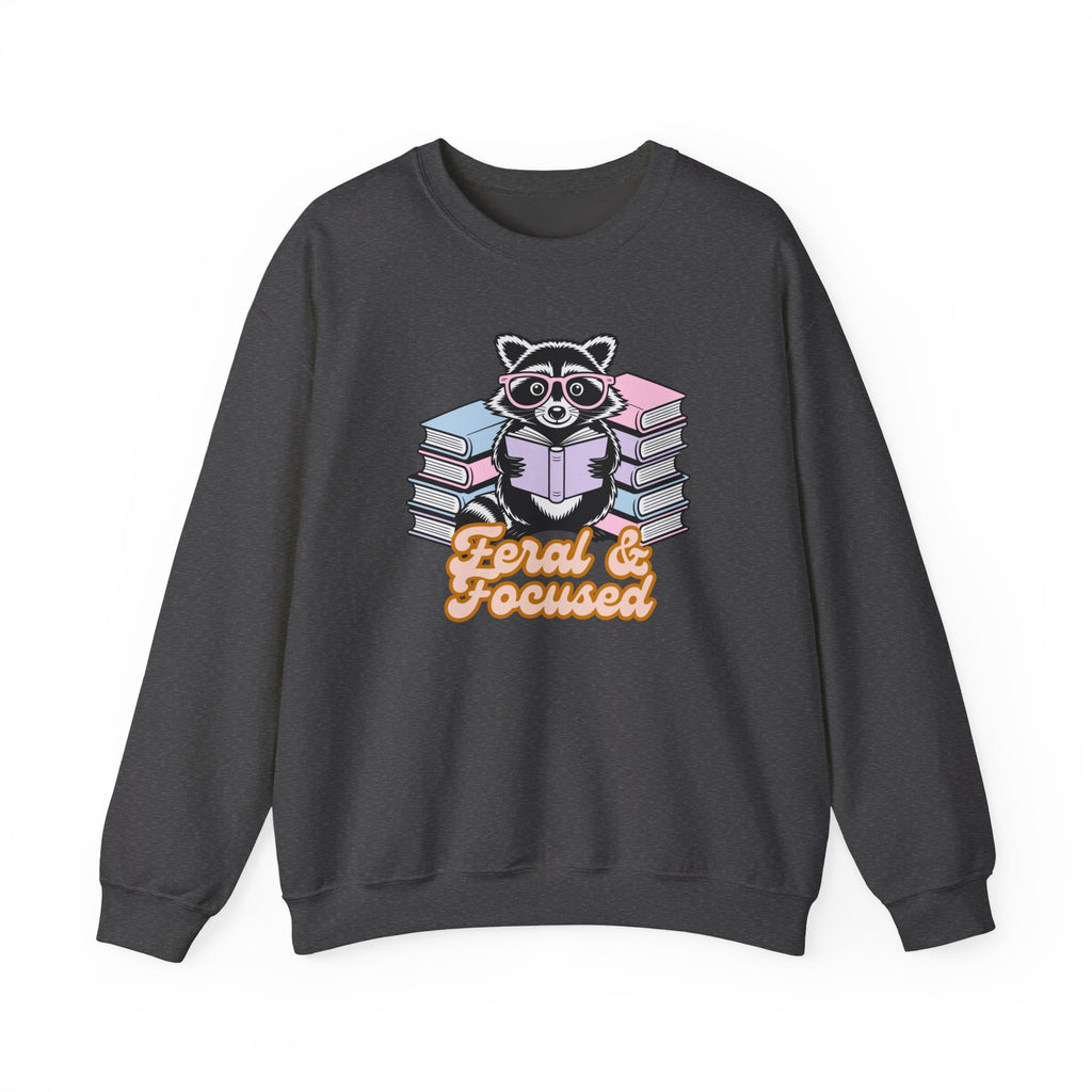 Raccoon Reading "Feral & Focused" Crewneck Sweatshirt