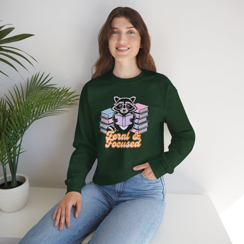 Raccoon Reading "Feral & Focused" Crewneck Sweatshirt