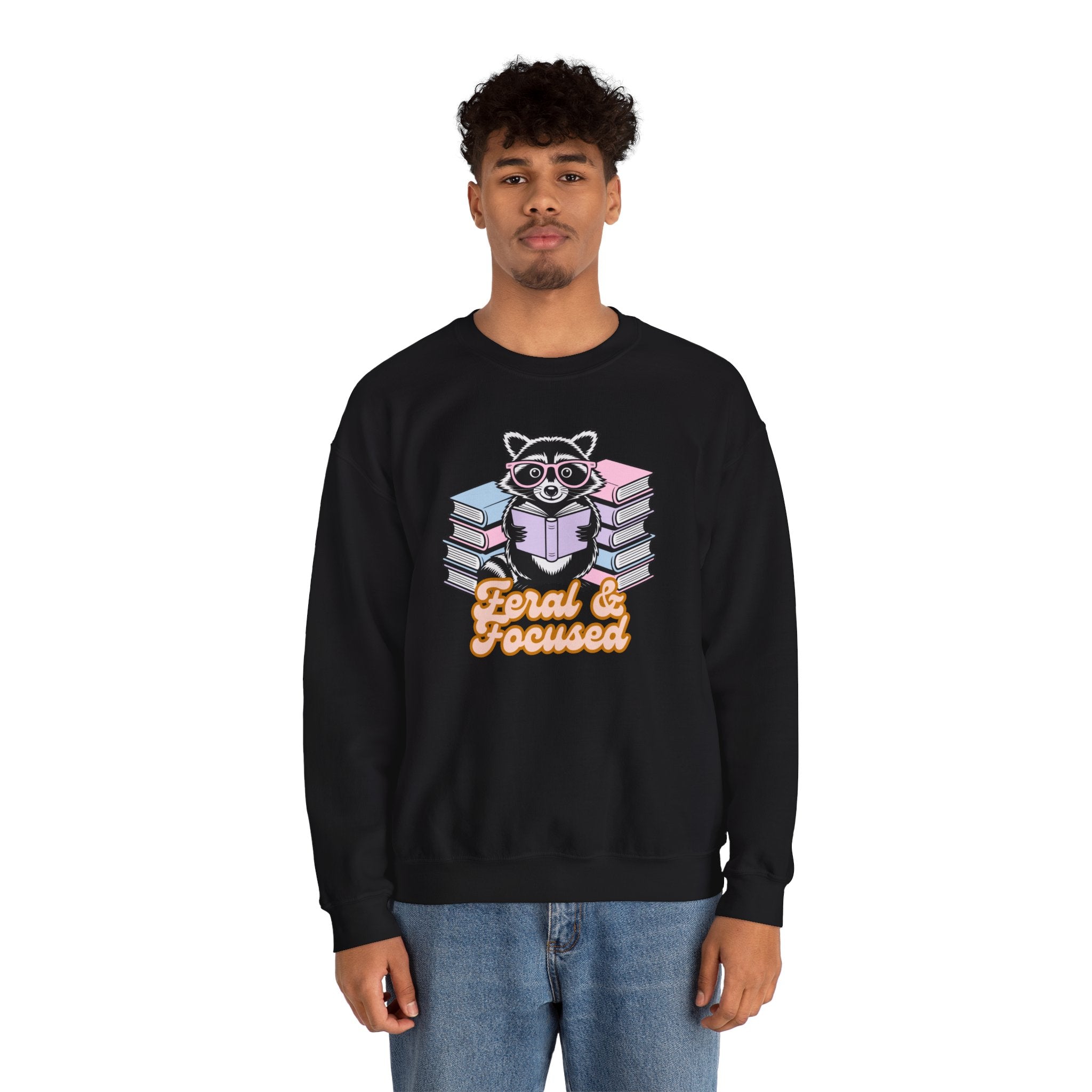 Raccoon Reading "Feral & Focused" Crewneck Sweatshirt