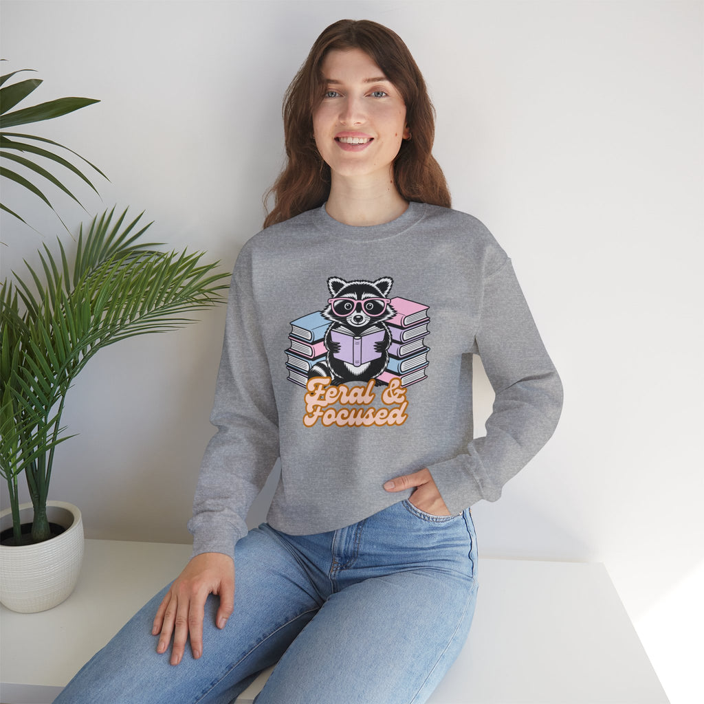 Raccoon Reading "Feral & Focused" Crewneck Sweatshirt