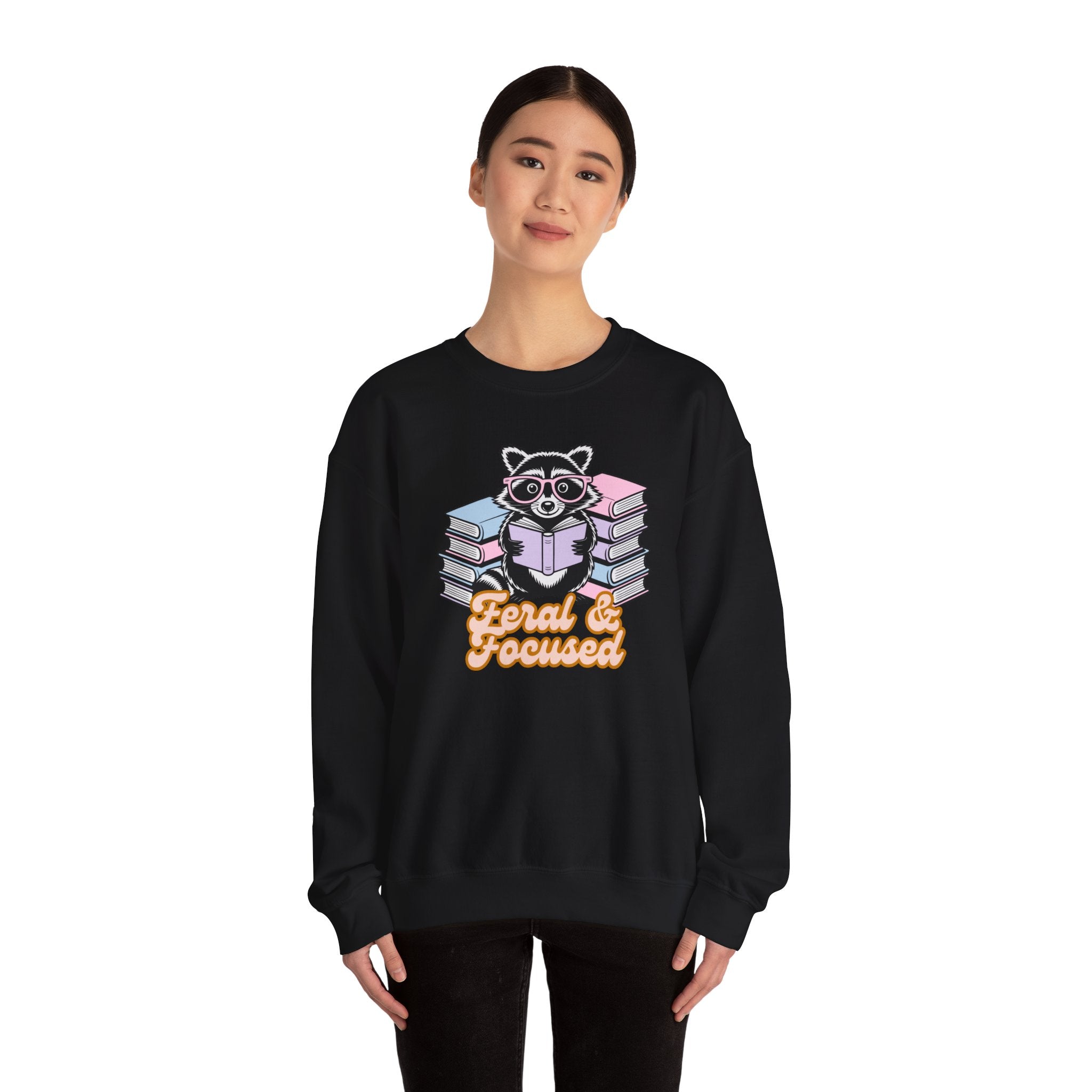Raccoon Reading "Feral & Focused" Crewneck Sweatshirt
