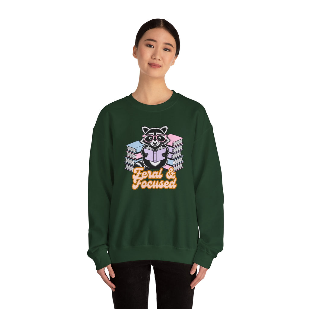 Raccoon Reading "Feral & Focused" Crewneck Sweatshirt