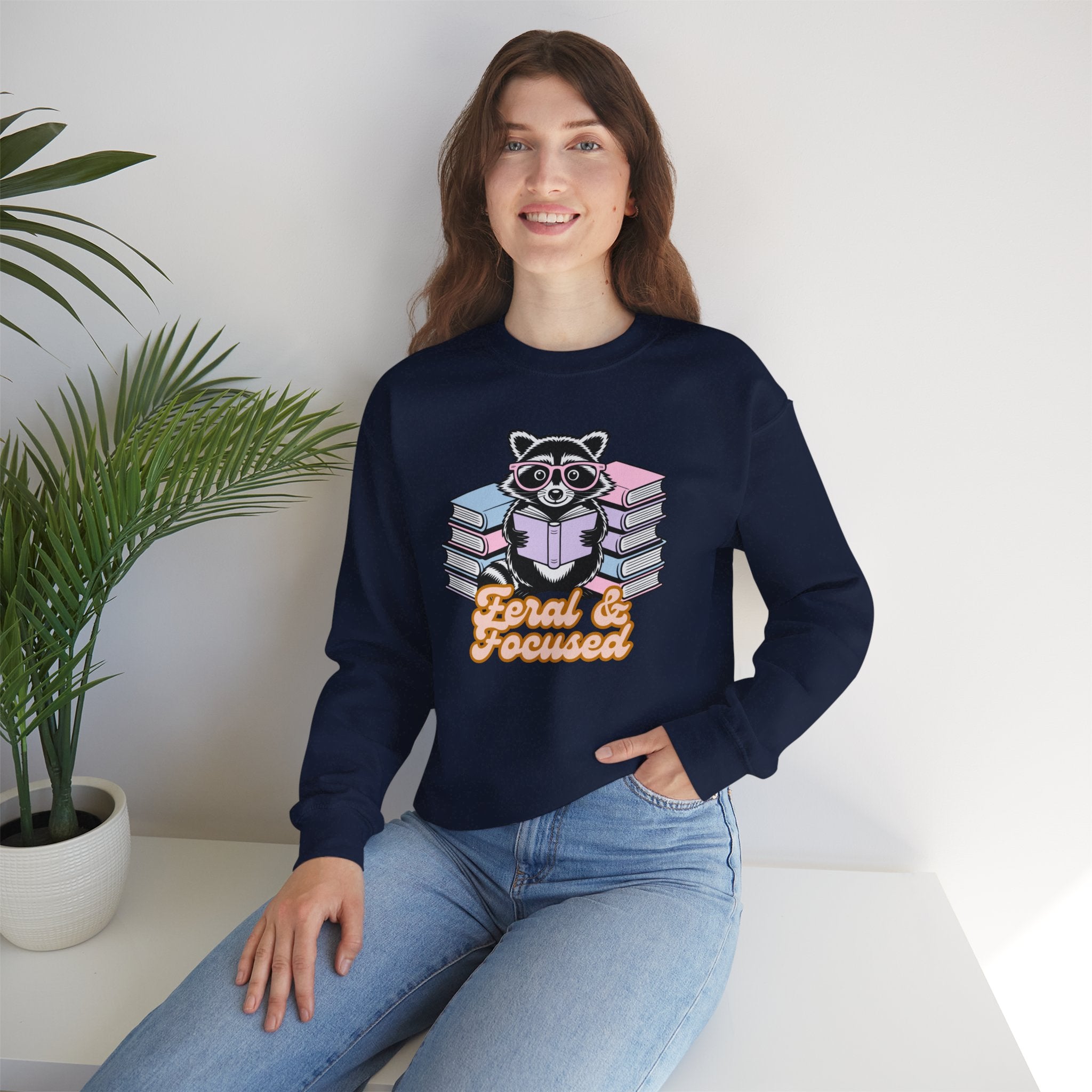 Raccoon Reading "Feral & Focused" Crewneck Sweatshirt