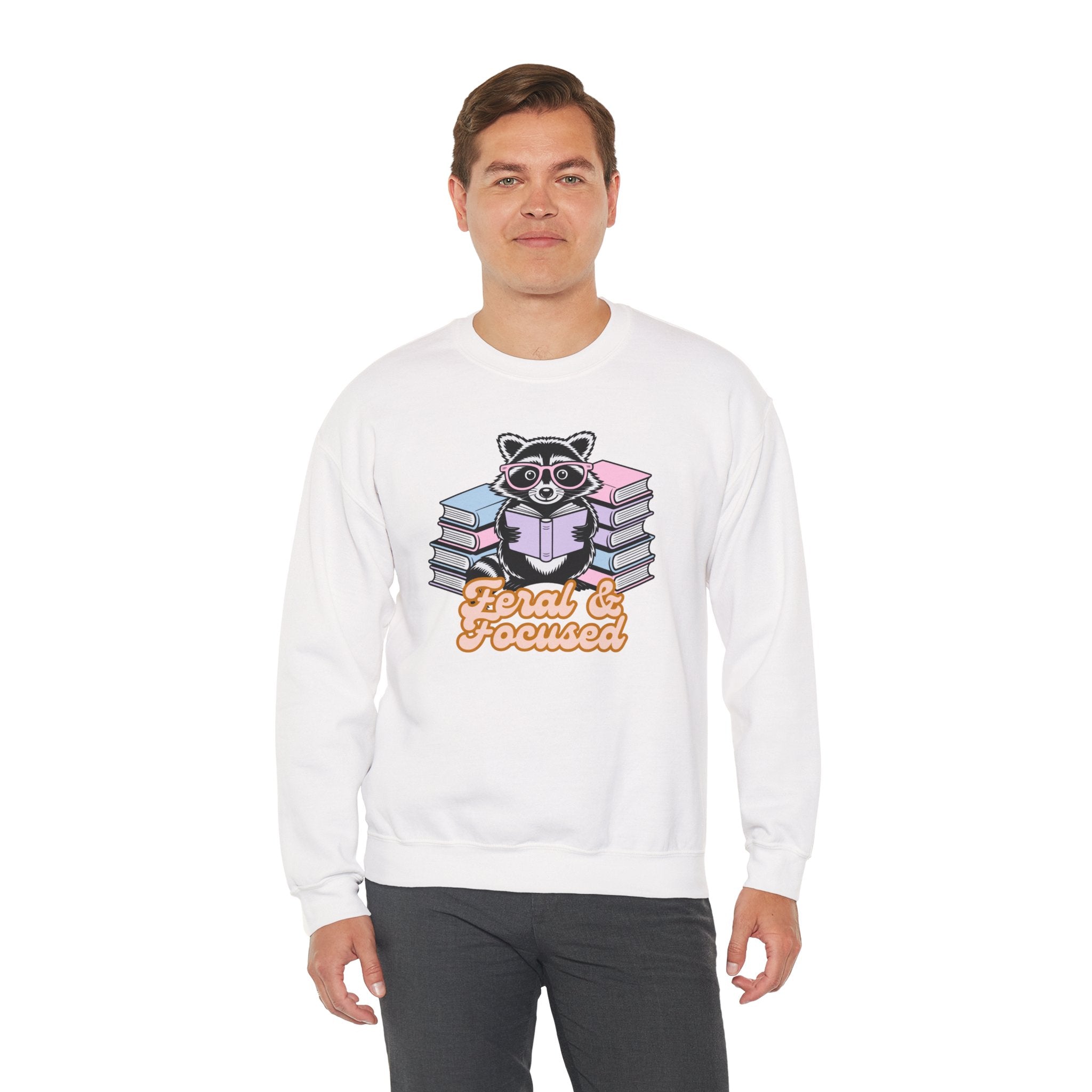 Raccoon Reading "Feral & Focused" Crewneck Sweatshirt
