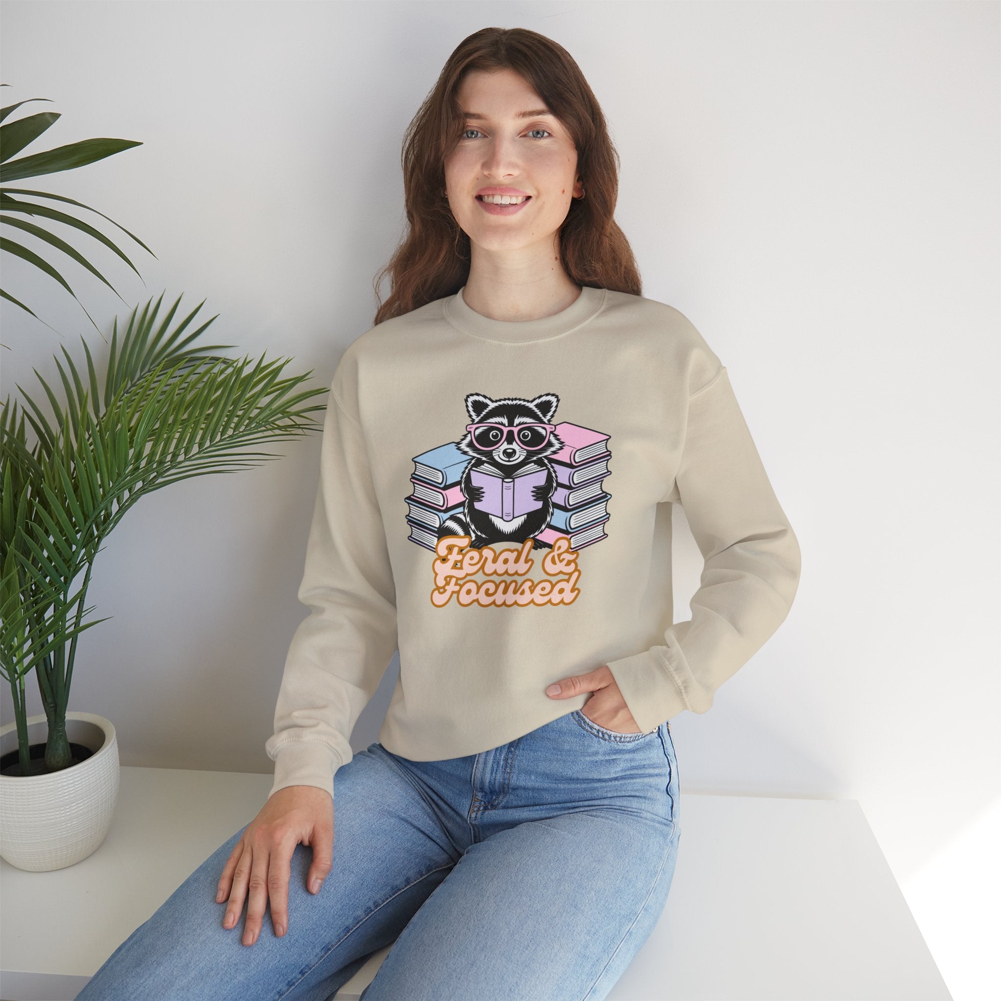 Raccoon Reading "Feral & Focused" Crewneck Sweatshirt