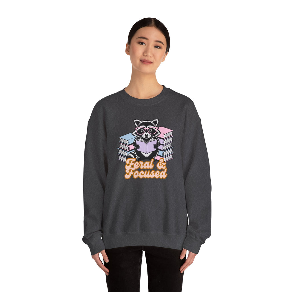 Raccoon Reading "Feral & Focused" Crewneck Sweatshirt