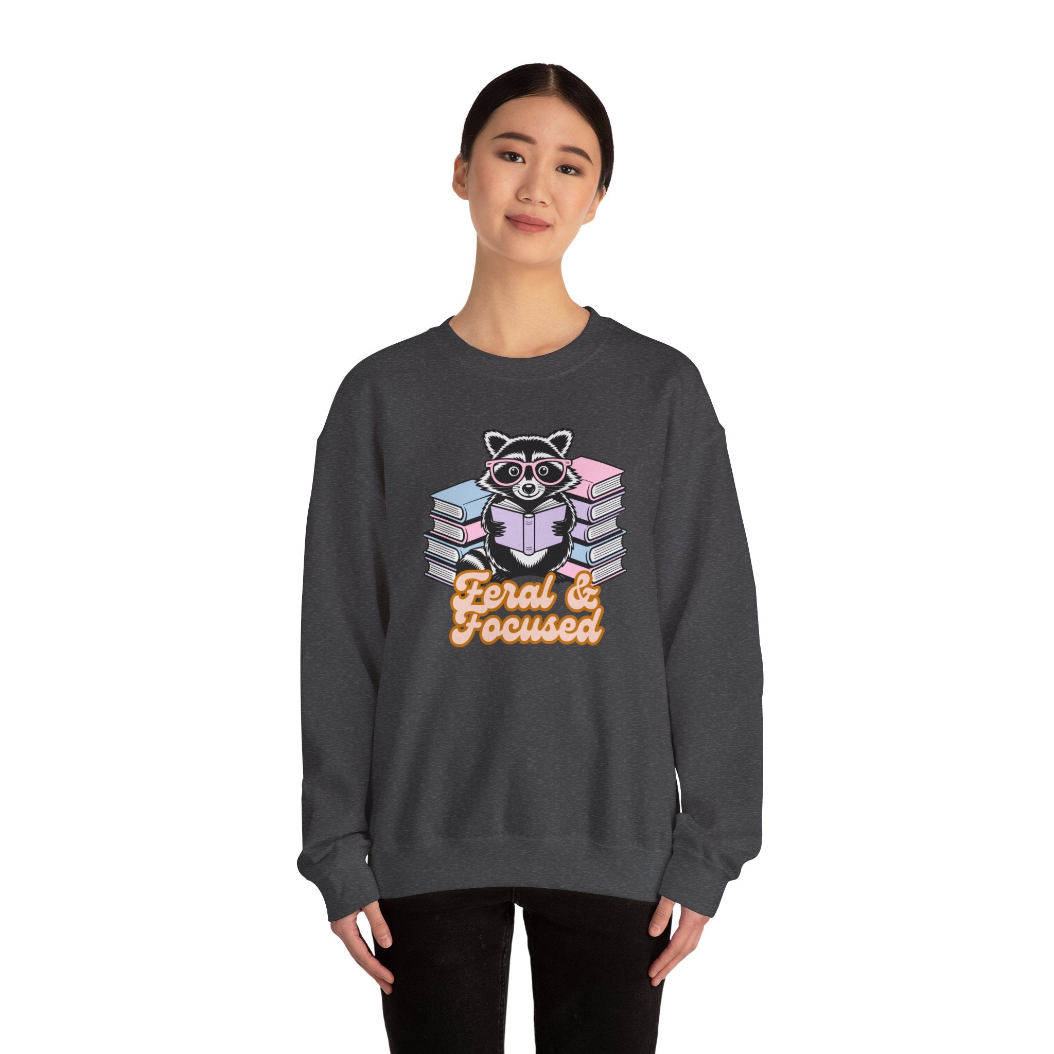 Raccoon Reading "Feral & Focused" Crewneck Sweatshirt
