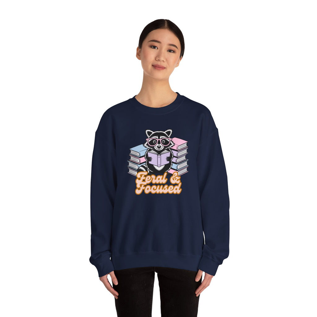 Raccoon Reading "Feral & Focused" Crewneck Sweatshirt