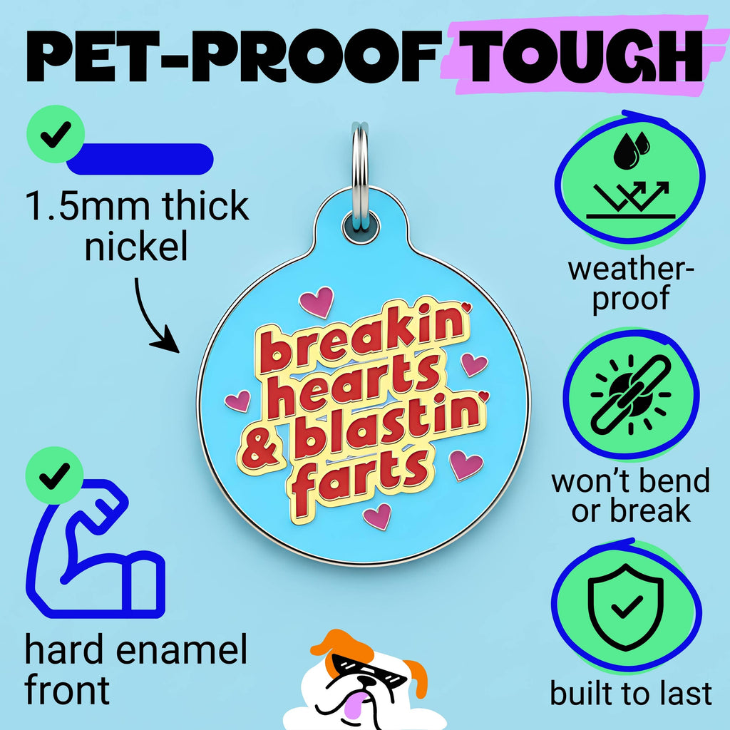 Funny Dog Charm & Pet ID Tag - Breakin Hearts, Blastin Farts
