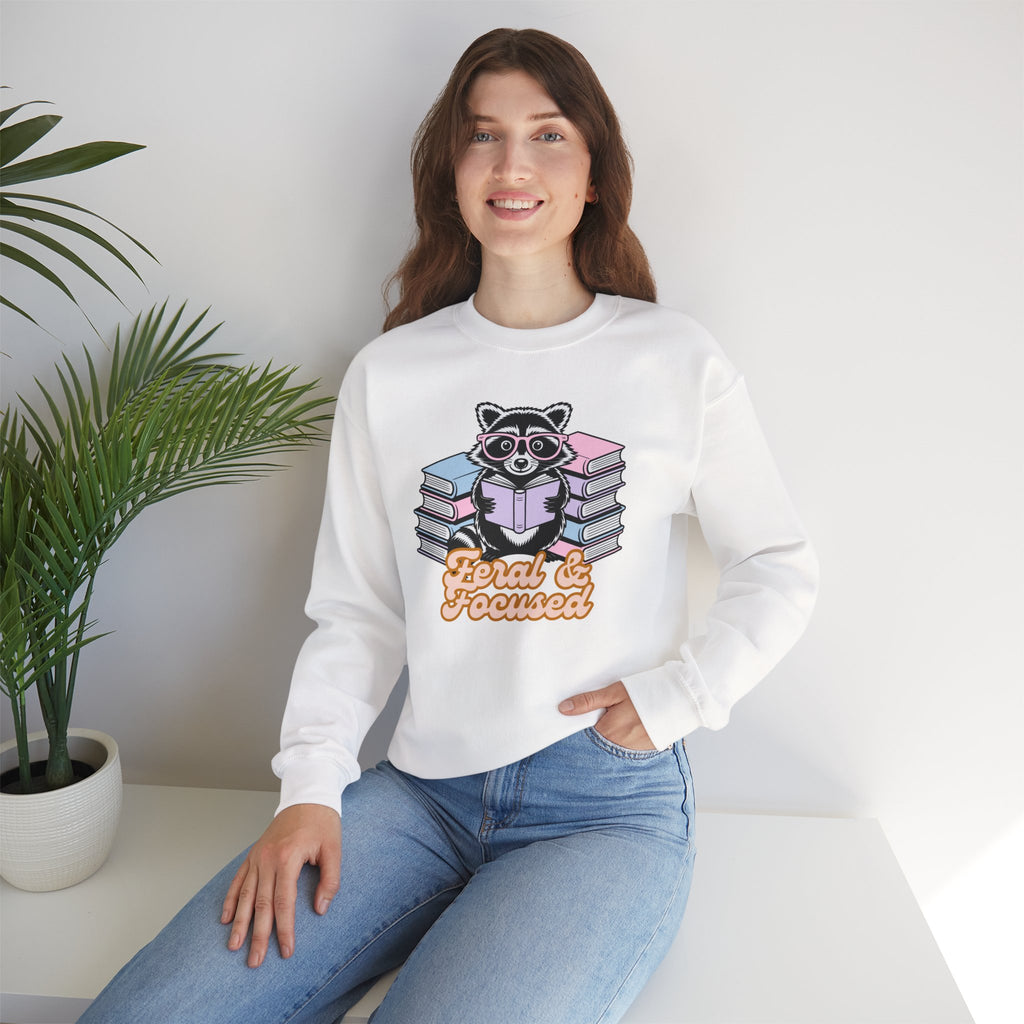 Raccoon Reading "Feral & Focused" Crewneck Sweatshirt