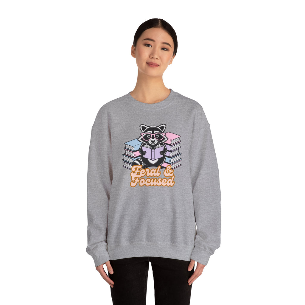 Raccoon Reading "Feral & Focused" Crewneck Sweatshirt