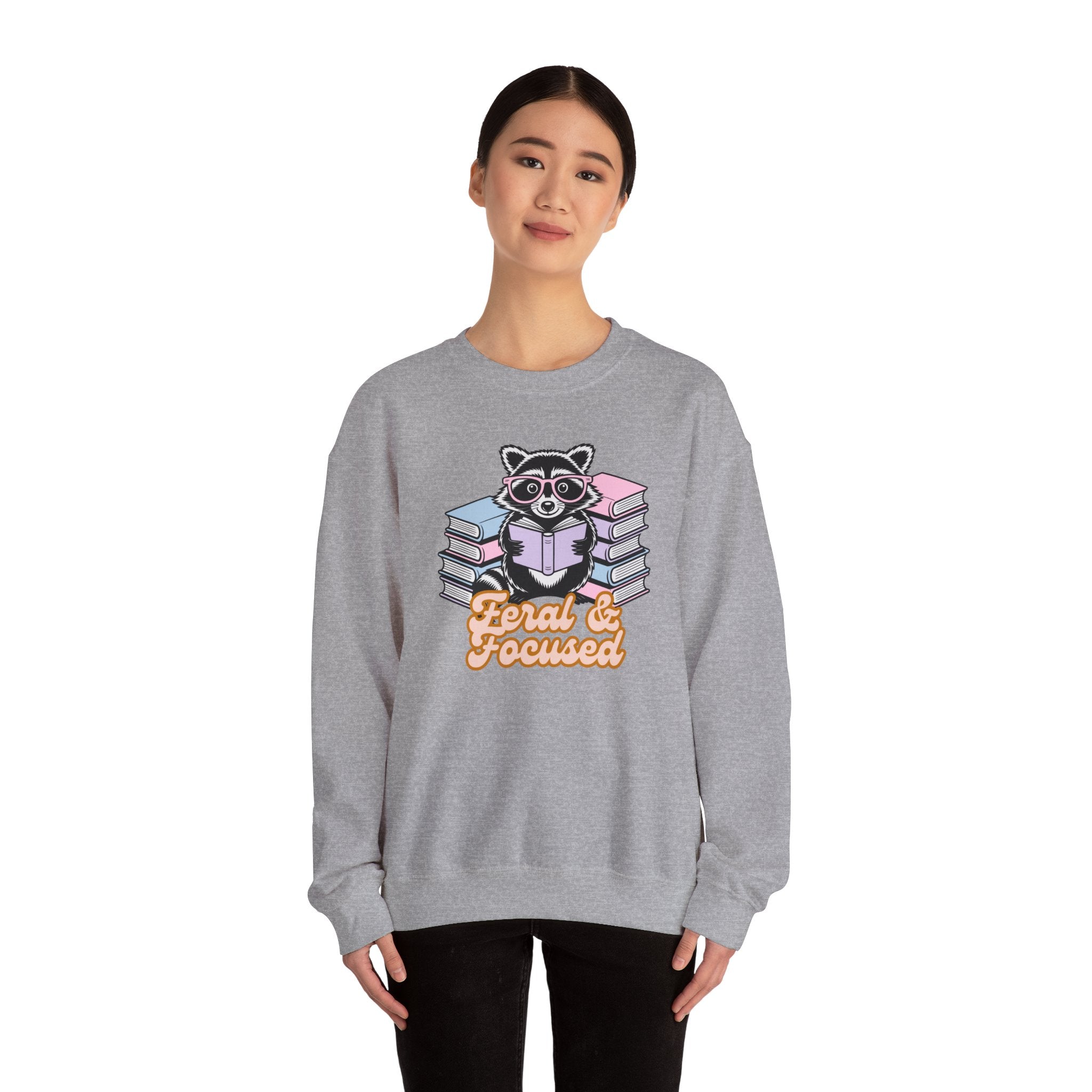 Raccoon Reading "Feral & Focused" Crewneck Sweatshirt