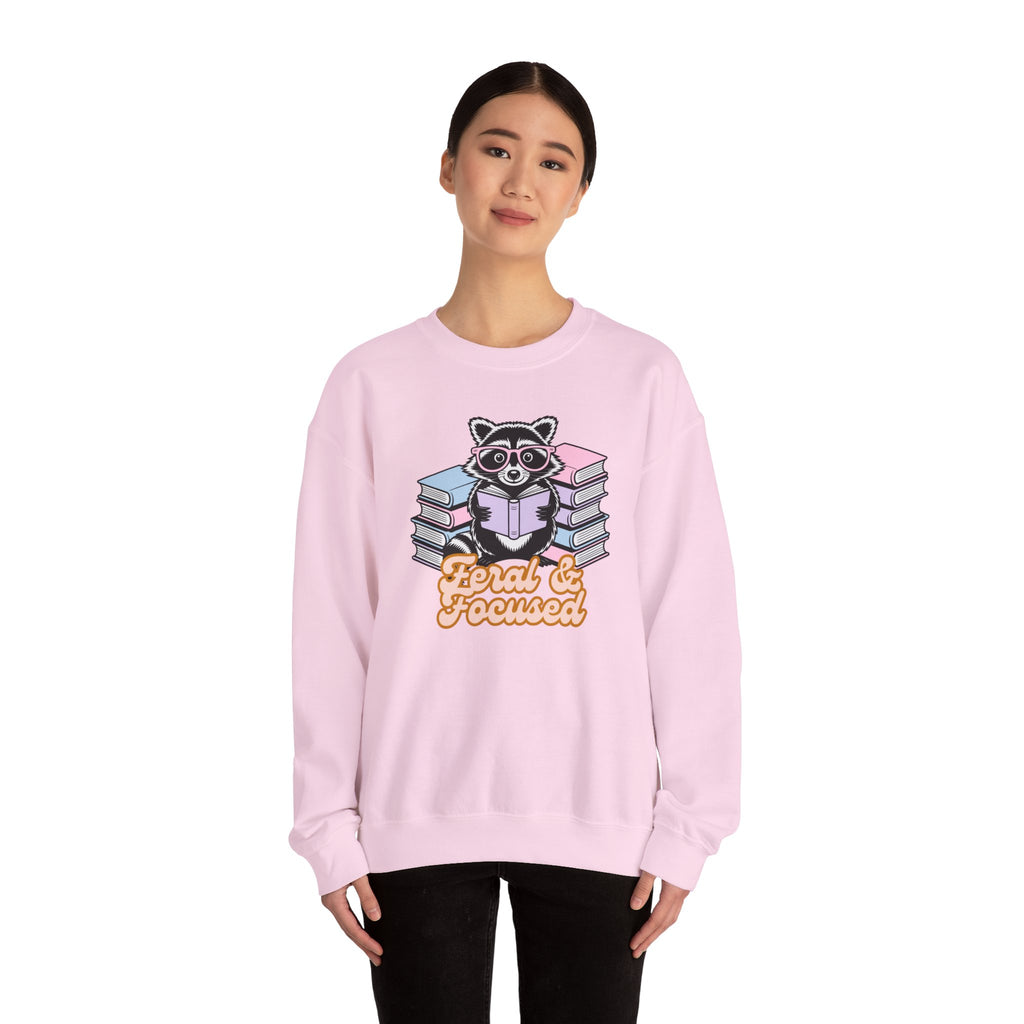 Raccoon Reading "Feral & Focused" Crewneck Sweatshirt