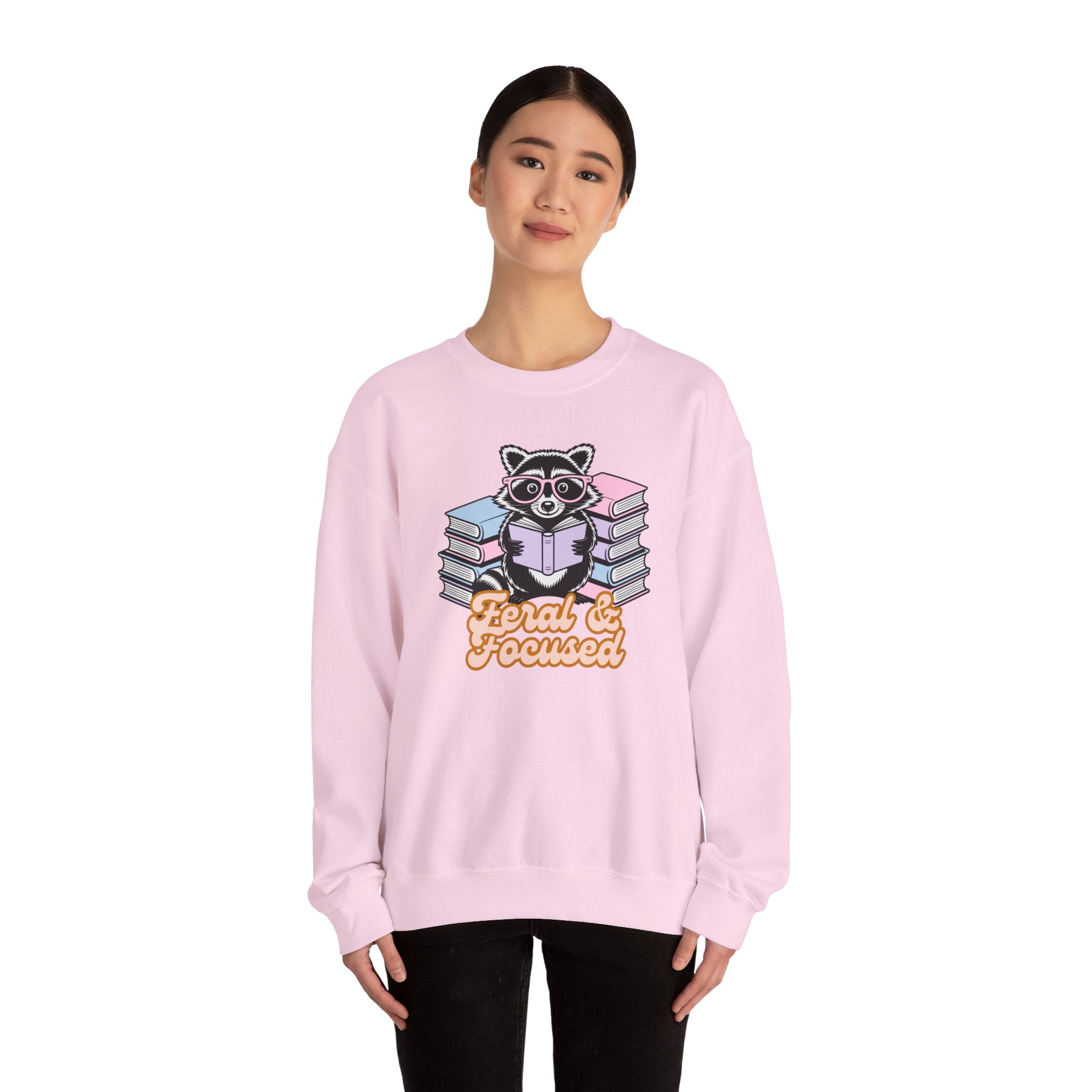 Raccoon Reading "Feral & Focused" Crewneck Sweatshirt