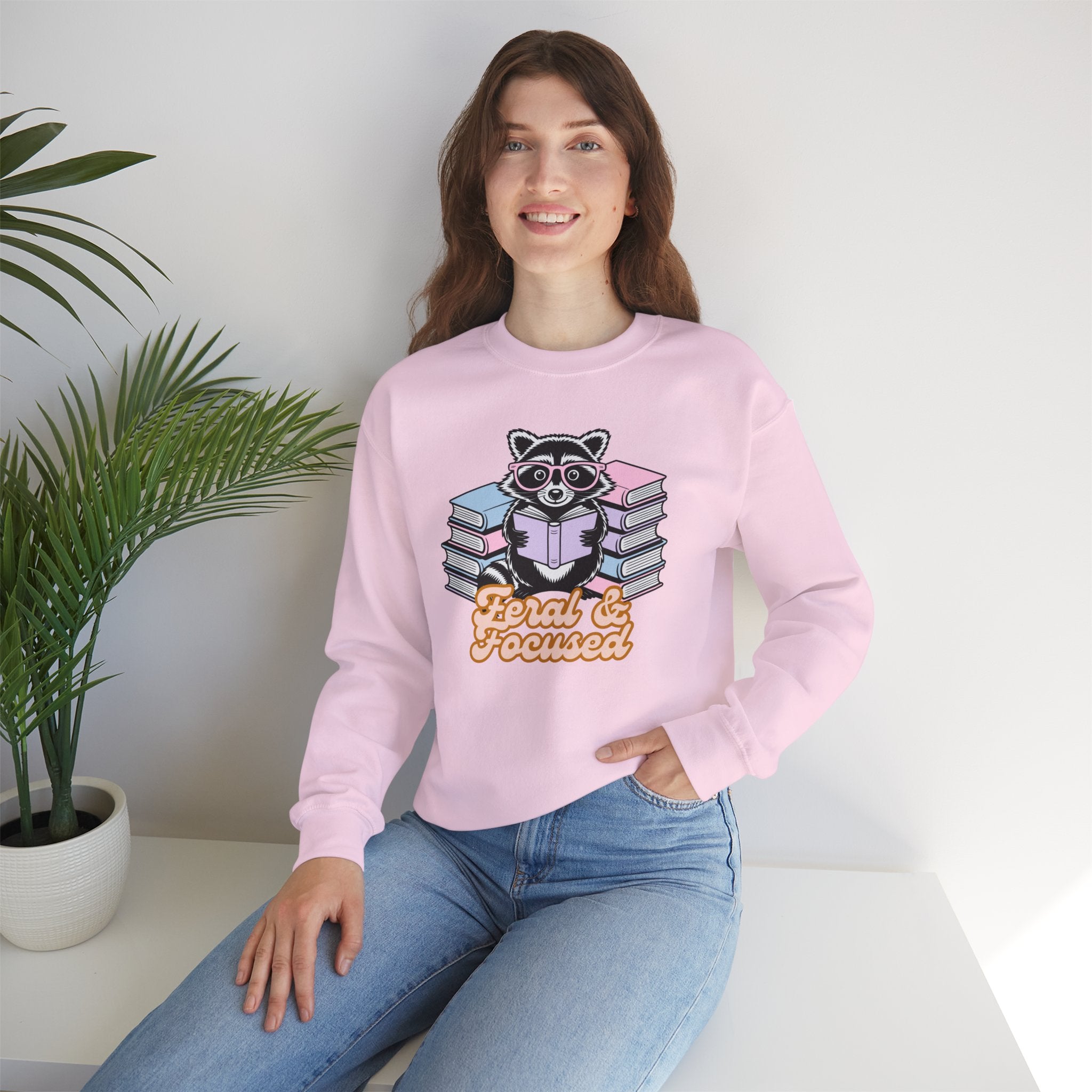 Raccoon Reading "Feral & Focused" Crewneck Sweatshirt