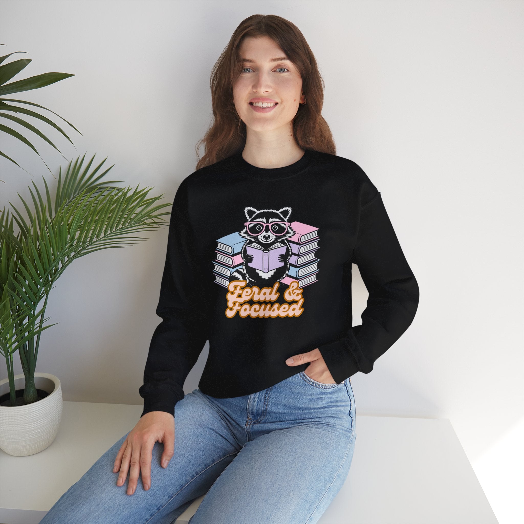 Raccoon Reading "Feral & Focused" Crewneck Sweatshirt