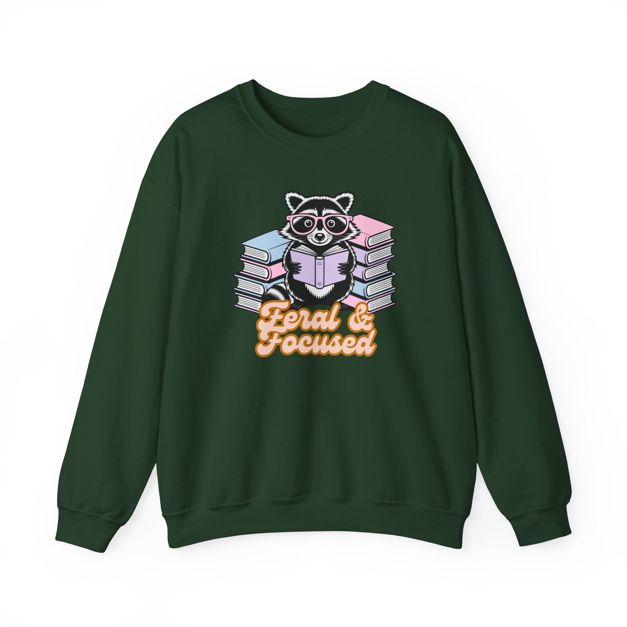 Raccoon Reading "Feral & Focused" Crewneck Sweatshirt