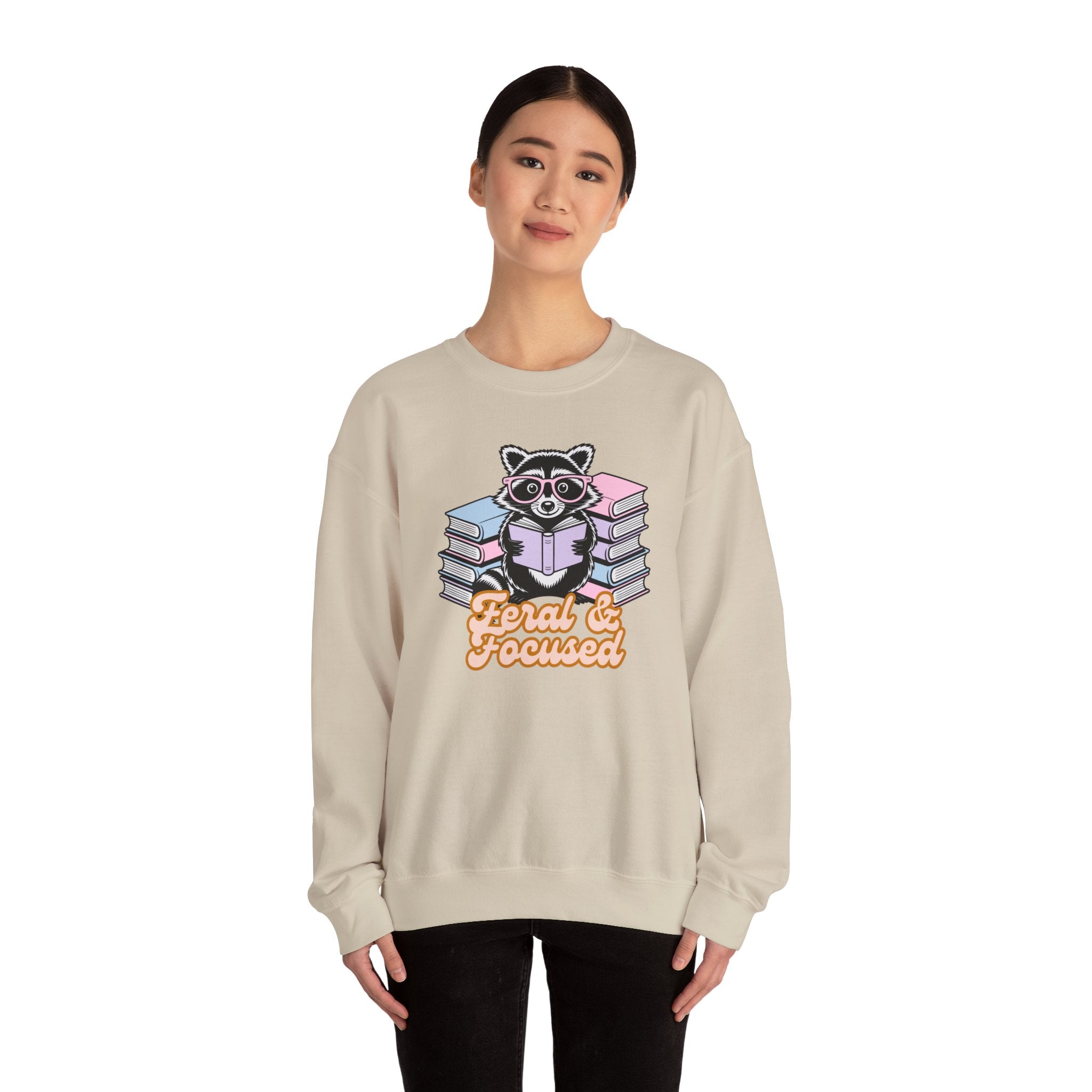 Raccoon Reading "Feral & Focused" Crewneck Sweatshirt