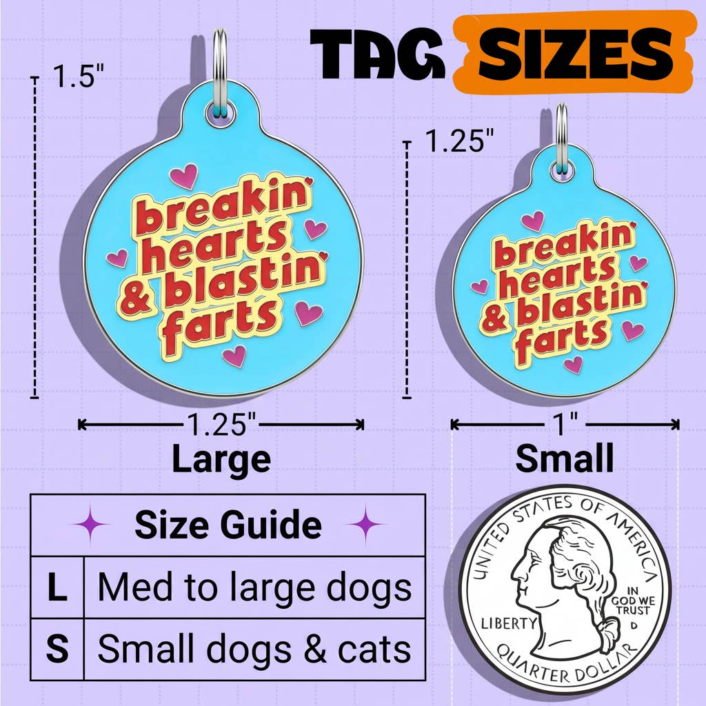 Funny Dog Charm & Pet ID Tag - Breakin Hearts, Blastin Farts