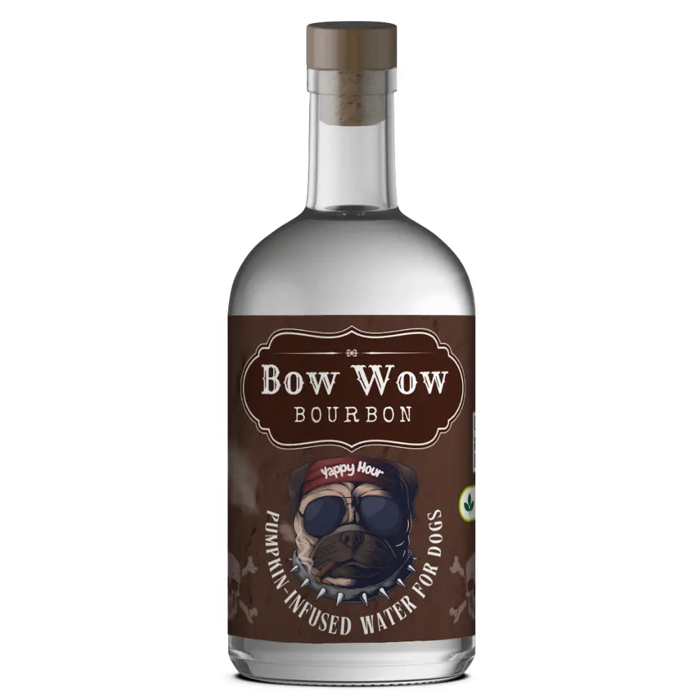 Bottle of Bow Wow Bourbon Dog Treat, pumpkin-infused water for dogs, with a dog-themed label on a white background