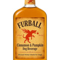 A bottle of FURBALL Cinnamon & Pumpkin Dog Treat Beverage, featuring a rustic brown label with a red fire-breathing dog logo and amber liquid inside, set against a plain white background.