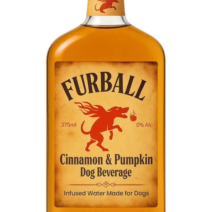 A bottle of FURBALL Cinnamon & Pumpkin Dog Treat Beverage, featuring a rustic brown label with a red fire-breathing dog logo and amber liquid inside, set against a plain white background.