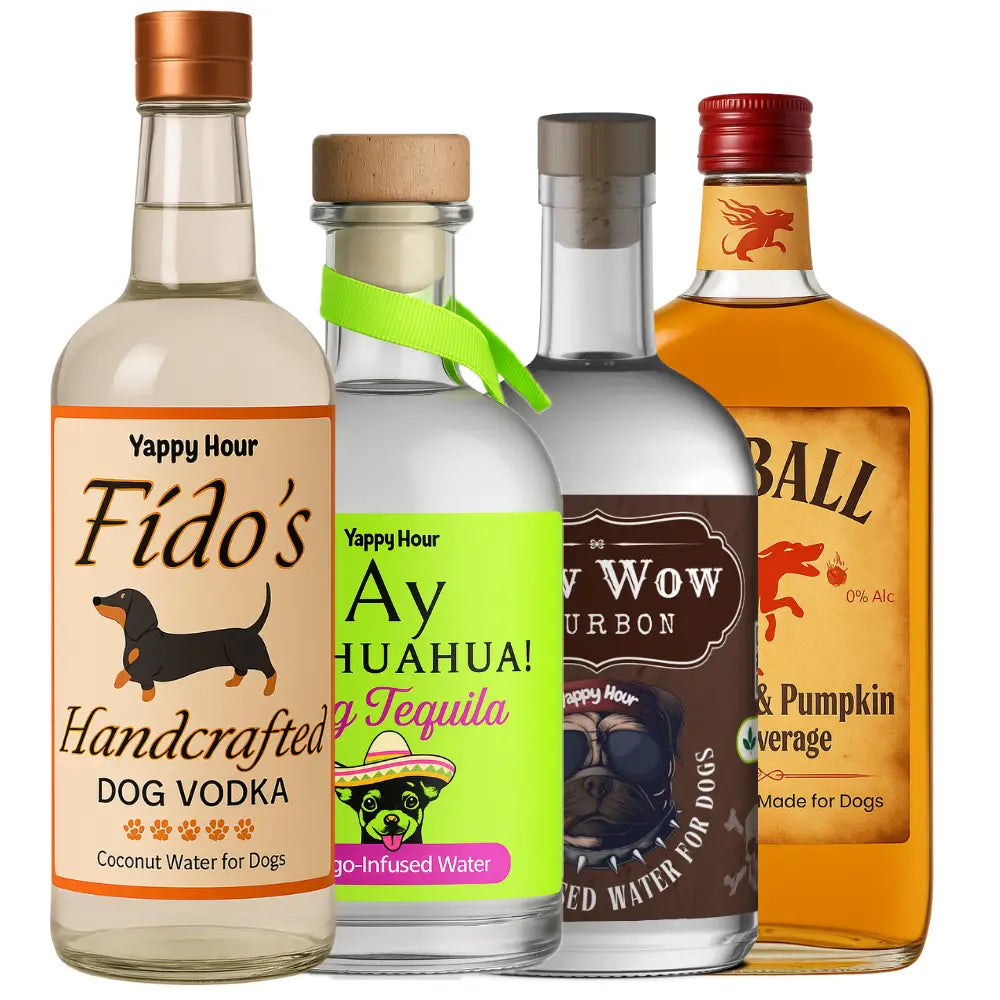 Four bottles of dog-themed alcoholic beverages on a white background